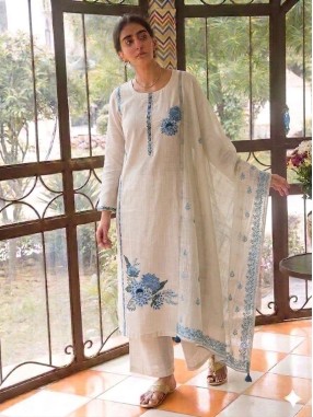 Linen Cotton Embroidered Unstitched Suit-14