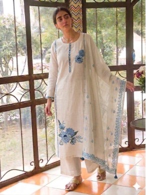 Linen Cotton Embroidered Unstitched Suit-14