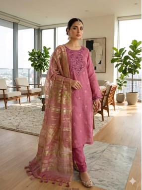 Chanderi Jamdani Embroidered Unstitched Suit-08