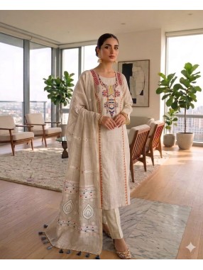 Linen Chanderi Katha Embroidered Unstitched Suit-12