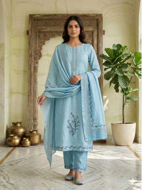 Cotton Linen Katha Embroidered Unstitched Suit-49